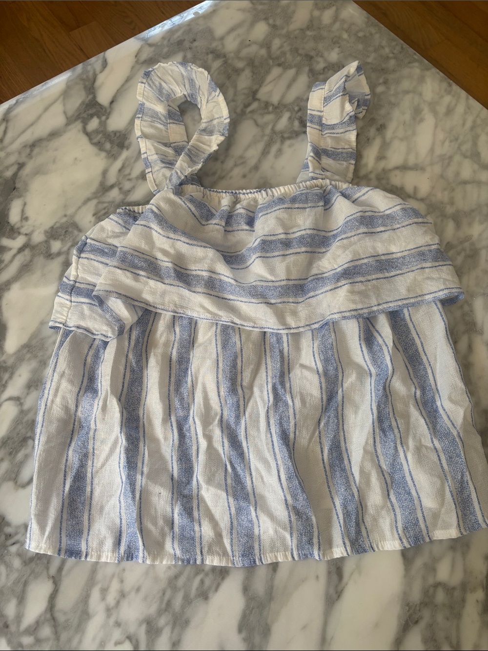 Crave Fame Blue and White Striped Ruffle Tank